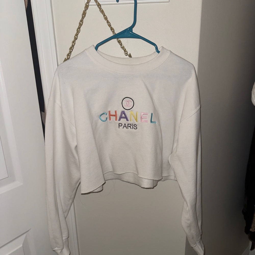 White Cropped Sweatshirt with Rainbow Logo